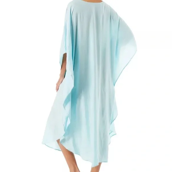 Baby Blue Embroidered Cotton Kaftan Kimono Maxi Dress, Light Blue Maxi Caftan - Picture 3 of 5
